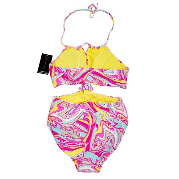 Womens High-Waisted Swirl Print Bikini Set Halter Tie Cut-Out Detail Size S - Picture 2 of 8